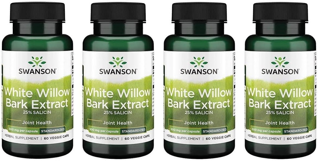 Swanson Maximální síla White Willow Bark Extract- Promotes Joint Support & Muscle Relief- Standardizované na 25% Salicin- přírodní doplněk bez podráždění žaludku (60 Veggie Caps, 500mg každý) 4 Pack