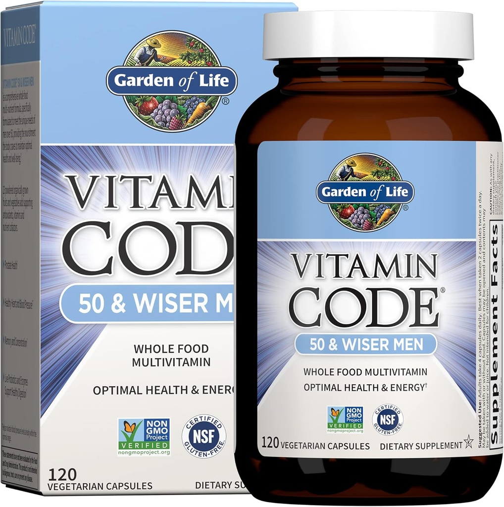Garden of Life Multivitamin for Men - Vitamin Code 50 & Wiser Men 's Raw Whole Food Vitamin Suplemen dengan Propoles, Vegetarian, 120 Capsules