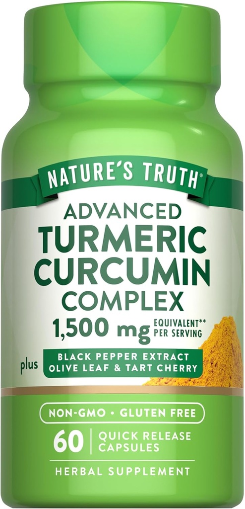 Nature's Truth Turmeric Curcumin 1500 mg | 60 캡슐 | 블랙퍼추출물, 올리브 리프 & 타트 버찌 | Non-GMO & 글루텐 무료 보충