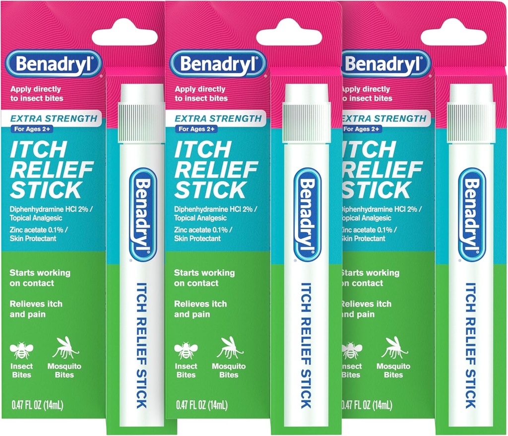 Benadryl Extra Strength Anti- Itch Relief Stick, Bug Bite Itch Relief, Difenhydramine HCl Topical Angesic & Zinc Acetate Skin Protective, Great for Camping Essentials, 0.47 fl oz (balení po 3)