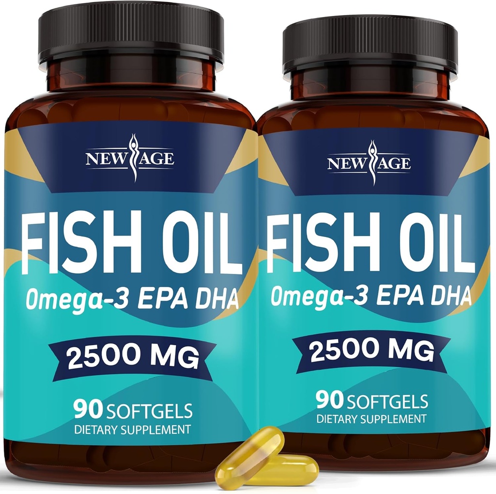 NOU AGE Omega 3 ulei de pește 2500 mg Supliment non OMG - EPA, DHA acizi grași Gluten gratuit (180 Softgels (Pachetul de 2)
