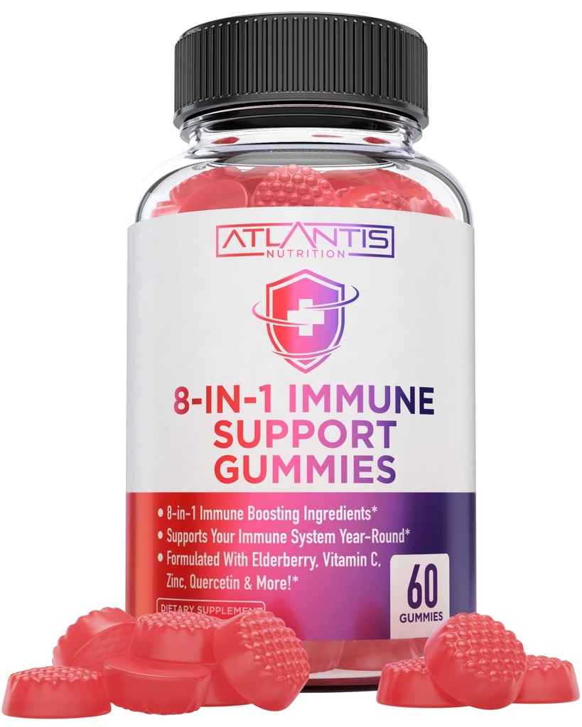 Atlantis Nutrition 8-in-1 Immune Support Gummies with Elderberry | Immune Supplement with Elderberry, Quercetin, Zinc, Vitamin C - Immunity Boosters for Adults & Kids - Delicious Flavor - 60 Count