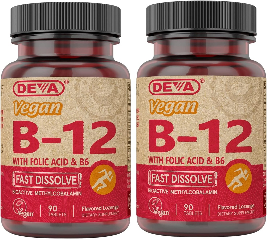 DEVA Vegansk vitamin B12 Fast Oppløselig Supplement - En gang per dag Kompleks med 1000 Mcg Methylcobalamin B12, Folinsyre, B6 - Lemon Flavor - 90 Oppløselige tabletter, 2-Pack