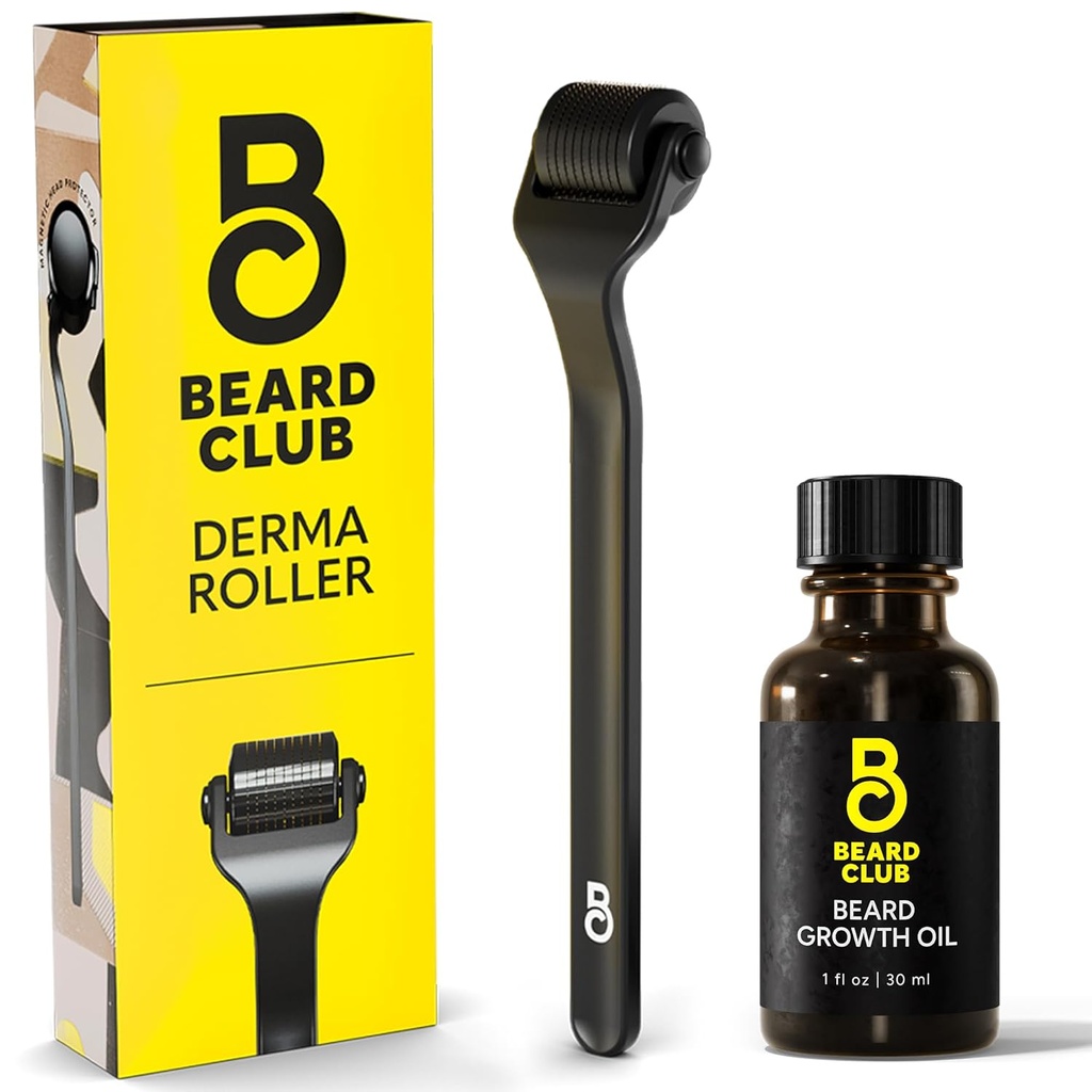Bārda klubs Derma Roller & Beard Growt Oil - mikroadatu rullis ar 540 Titāna mikroadatus sejai, ķermenim un kalšanai - bārdaino rolleri ar Sandalwood & Cedar Beard Oil