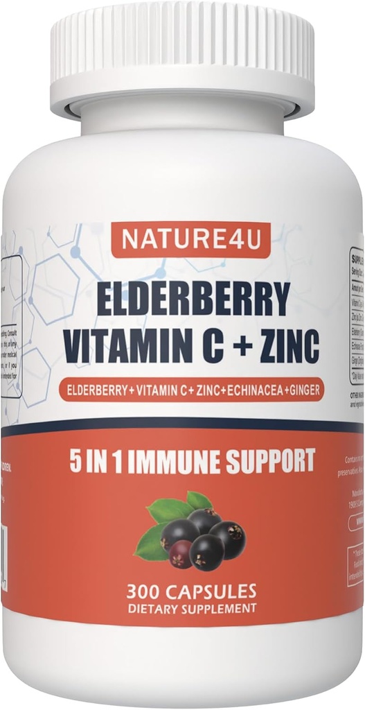 5 en 1 Supplément de soutien aux Immunes Elderberry, Supplément quotidien aux antioxydants pour adultes, Supplément aux Immunes Elderberry 1000 mg, Vitamine C, Zinc, Echinacea, Ginger, 300 Capsules Vegan - 5 Mois