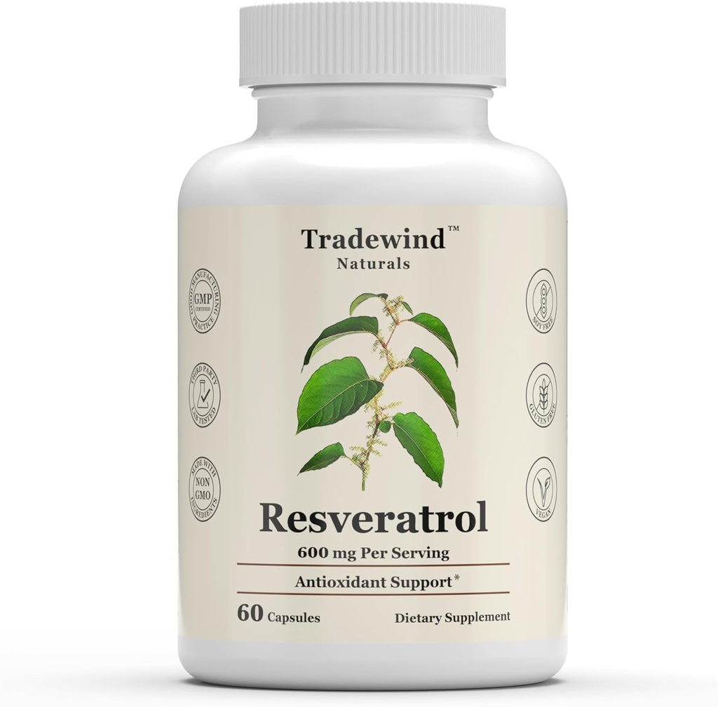 Resveratrolo 600mg - Vegan - Non OGM - Sostenere l'invecchiamento sano e la salute cardiovascolare - Ricco di antiossidanti - 60 capsule vegetali