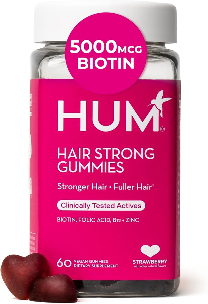 HUM hår stærk daglig hårvækst gummier med biotin, zink, B12-vitamin til støtte vækst, folinsyre & vitamin B12 Gummy vitaminer til sund hårstøtte for kvinder og mænd, 60 gummies