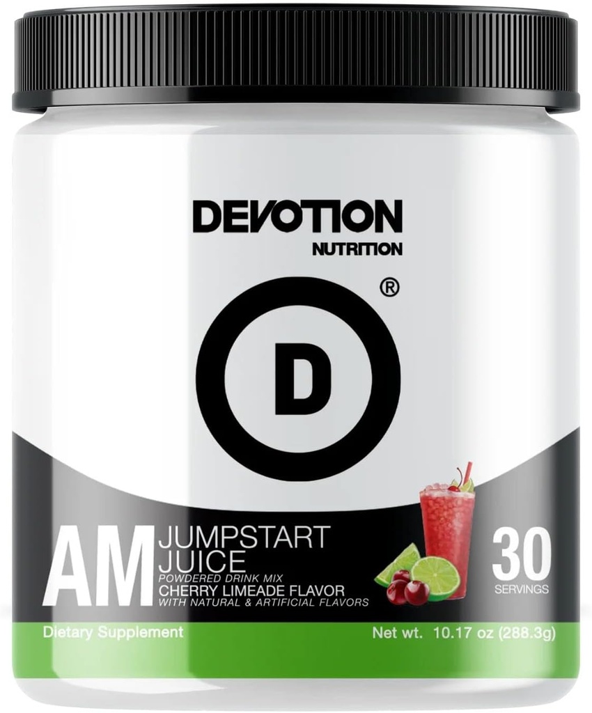 Devotion Хранене AM JumpStart Juice  готварска напитка Микс Добавка за напитки  готварски аноними & Nonorots за когнитивна функция & Focus  по 30 Сервиз (Cherry Limeade)