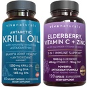 Viva Naturals Antarctic Krill Oil and Elderberry, Vitamin C, Zinc and Vitamin D3 5000 IU Bundle, 1250 mg of Krill Oil Providing Omega 3 EPA and DHA for Joint Health, Elderberry for Immune Support