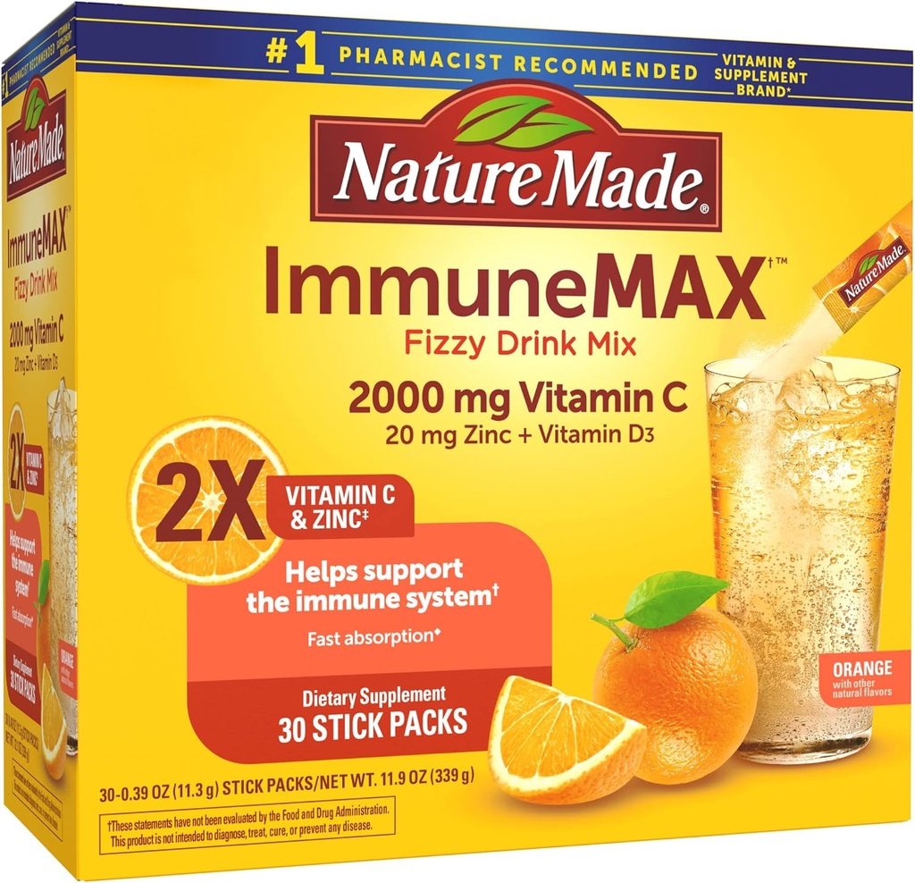 Nature Made ImmuneMAX Fizzy İçki Mix, Vitamin C, Vitamin D, və Immune Support, Fast Aboreksiya, 30 Stick Packs, 0.4 Ounce