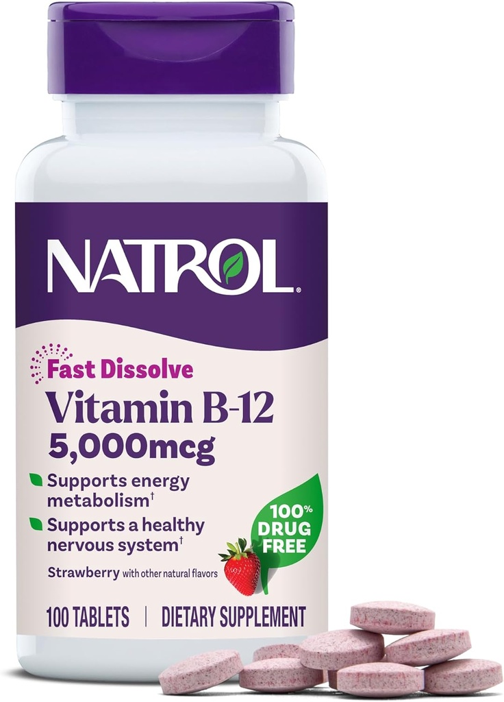 Natrol Vitamine B12 5 000 mcg, Dissolve rapidement Vitamine B12 Supplément soutient un système nerveux sain et le métabolisme de l'énergie, 100 comprimés, jusqu'à un approvisionnement de 100 jours