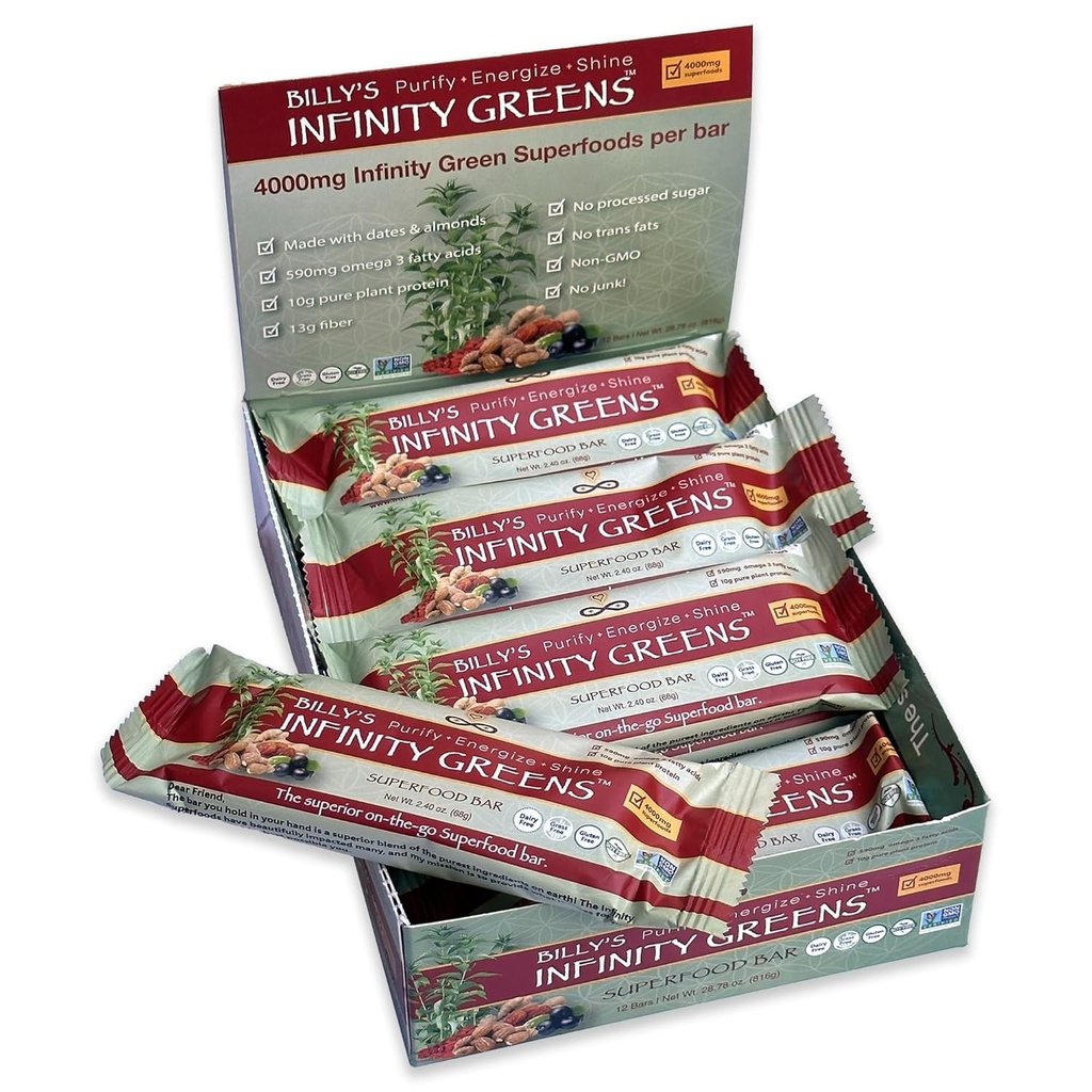 Infinity Greens Superfood Bars, Plant Based Meal Replacement Bar with 4000mg Infinity Greens Superfood Powder, Organic, Raw, Gluten Free, Non GMO (12 Bars)