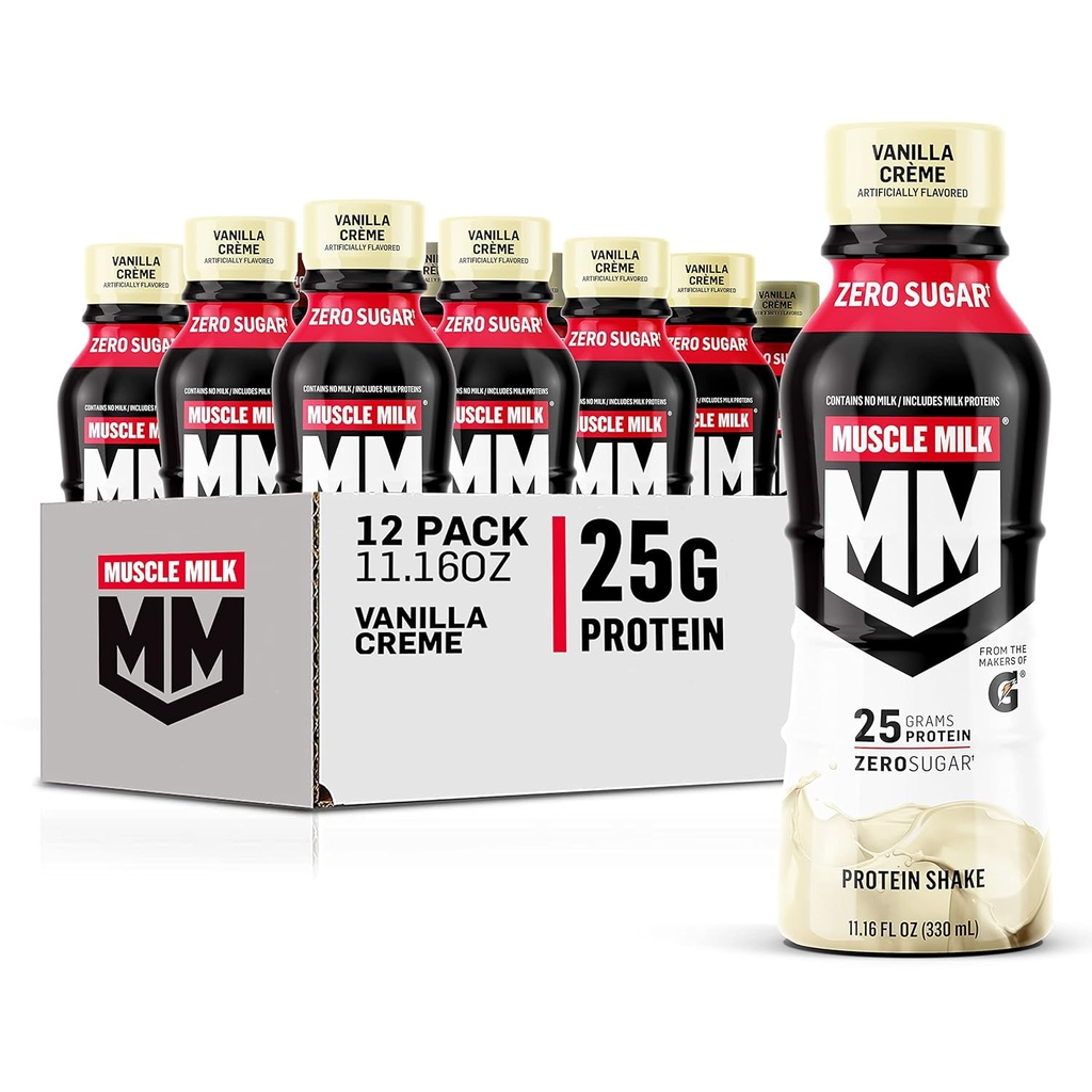 Muscle Milk Genuine Protein Shake, Vanilla Creme, 11.16 Fl Oz Bottle, 12 Pack, 25g Protein, Zero Sugar, Calcium, vitamin A, C & D, 5g Fiber, Energizing Snack, Workout Recovery, Packaging May Vary
