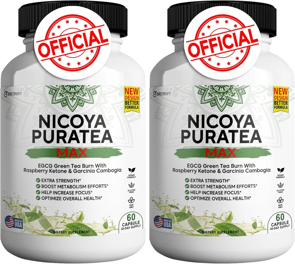 Nicoya PuraTea Max Green Tea Extract & Zelena kava Fižol za metabolizem podporo, Naravna energija Boost, Antioksidant-Rich dodatek – 120 kapsul