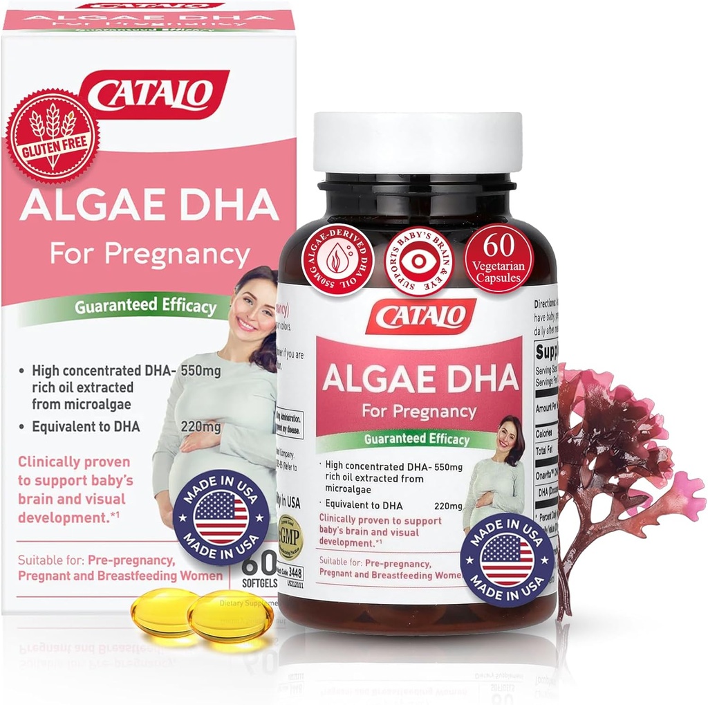 CATALO Omega 3 Algae DHA para as mulleres - 550mg DHA-Rich Oil from Microalgae, Ideal para o embarazo ea lactación materna, Softgels vexetarianos, Gluten-Free - 60 Softgels