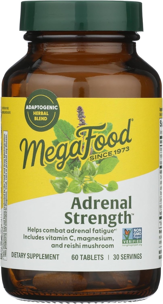 Megafood Force adrénale - Suppléments de soutien adrénal avec Ashwagandha et Magnésium Glycinate, vitamine C, Basilic Saint, Astragalus, réduit les niveaux de cortisol - Végétarien - 60 comprimés (30 portions)