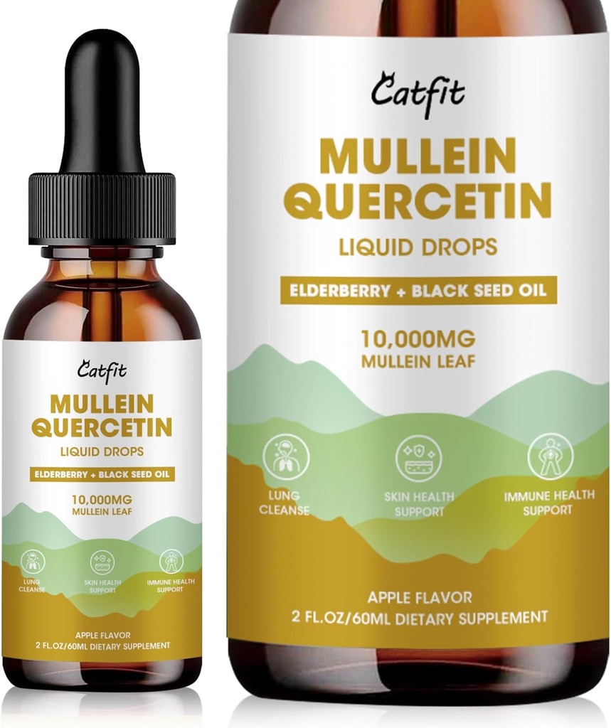 Catfit Lymphatic Drainage Drops for Lungs - Mullein Leaf Extract Liquid Supplement - Lung Cleanse для Smokers - Потужна мулінна настоянка для імунітету, шкіри та дихання підтримки охорони здоров'я - 1 Fl Oz