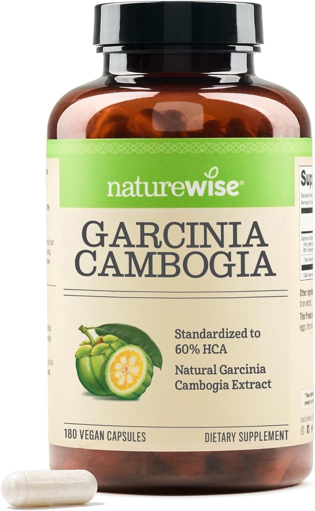 Naturewise Garcinia Cambogia - 60% izvleček koncentracije HCA, naravna podpora za telesne cilje in energijske ravni - Veganska, ne-GMO, Gluten Free - 180 kapsul[2-6 mesecev dobave]