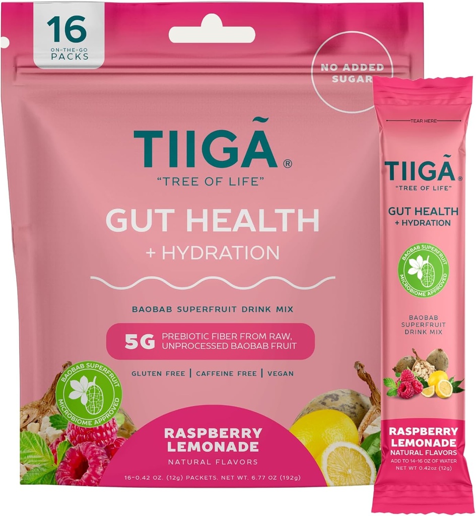 Tiiga Gut Health + Hydration Drink Mix - 7g Baobab, 5g Prebiotický fiber, Electrolytes, No Dairy, Vegan, No Added Sugar, Digestion, Regularita, & Zácpa - 16 Servings