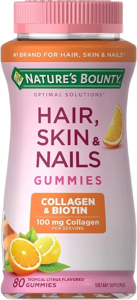 Capelli Bounty della natura, Pelle & Unghie con Biotina e Collagene, Supporta la pelle dei capelli e la salute delle unghie, 2500 mcg, Citrus Gummies aromatizzati, 140 Ct
