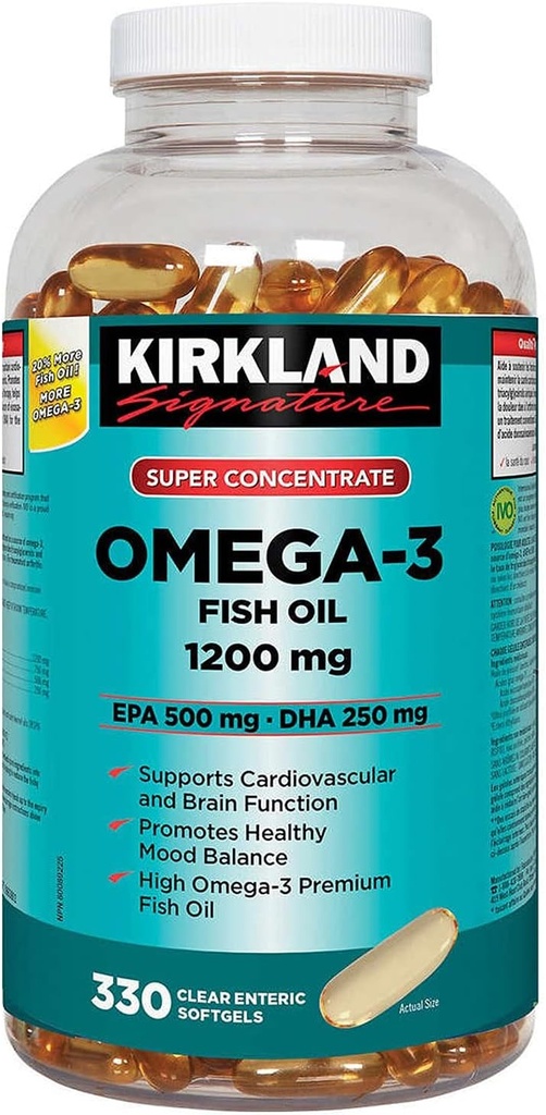 Kirkland Signature Super Concentrate Omega-3 Fish Oil 1200mg, EPA 500/DHA 250mg, 330 Heldere enterische softgels