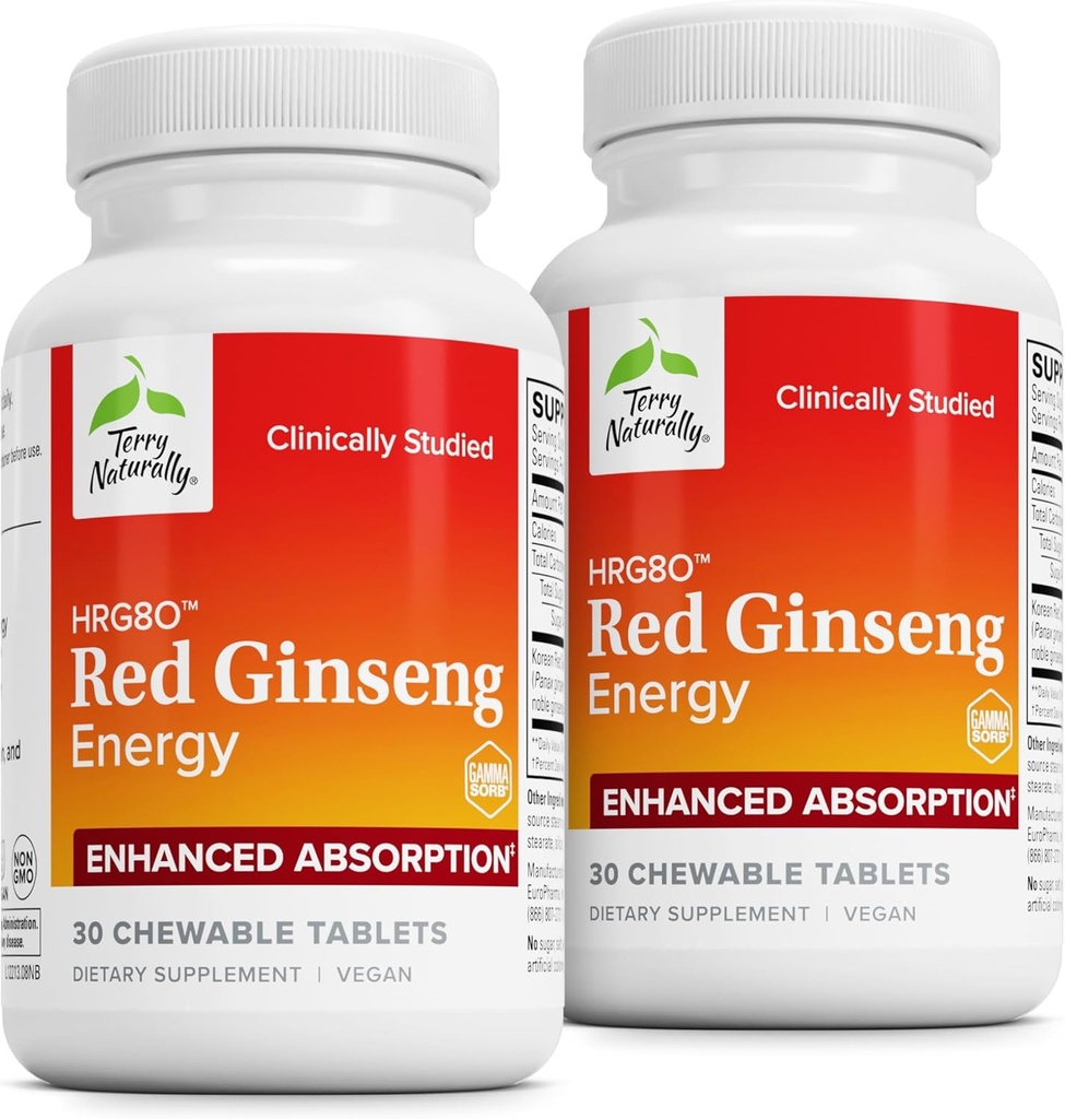 Terry Natural HRG80 Red Ginseng Energy - Sağlam Enerji və Focus əmək - Koreya Red Ginseng Kök Toz ilə Herbal Supplement - Yardım Sağlamlıq Endurance Tablet - 30 Chewable Tablet (Paket 2)