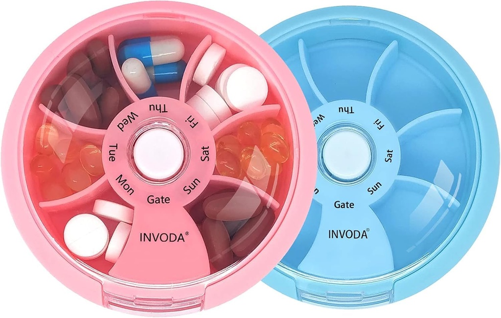 Pill Organizer Small Pill Case 7 Day Portable Travel Pill Box Cute Daily Pill Container for Medicine Fish Oil Supplements Vitamin Case (Pink+Blue)