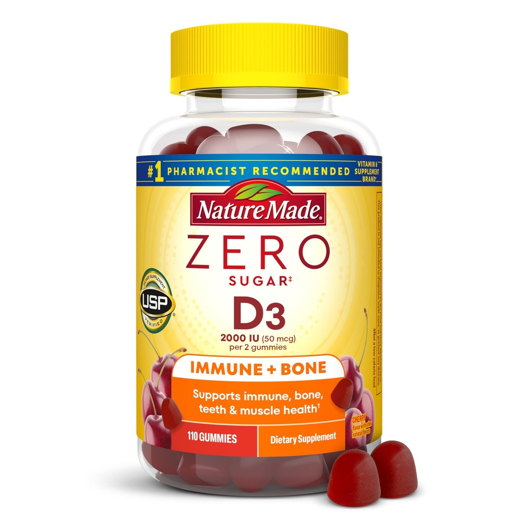 Nature Made Zero Sugar Vitamin D3 Gummies 2000 IU (50 mcg) Per Serving, Bone & Immune Support, Aspartame Free, 110 Vitamin D Gummies, 55 Day Supply