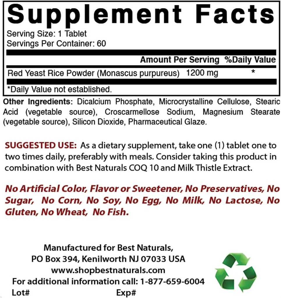 Labākā daba Sarkanā rauga rīsi 1200 Mg un vitamīns B-12 6000 mcg