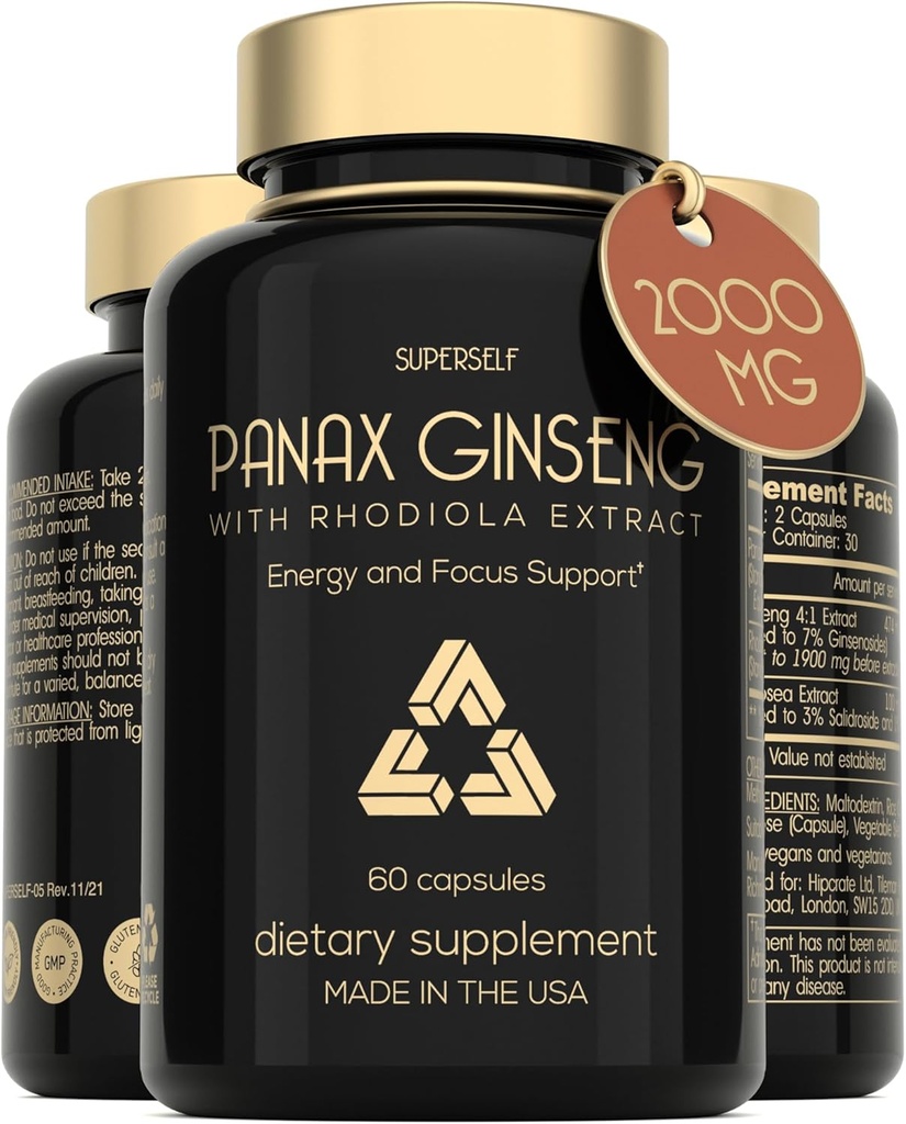 Panax Ginseng și Rhodiola Rosea 2000mg - Coreeană Ginseng High Putere 60 Capsule - Suplimentul vegetal pentru bărbați și femei - Complex energetic cu extract de rădăcini Ginseng Standardizat 7% Ginsenozide - SUA Made
