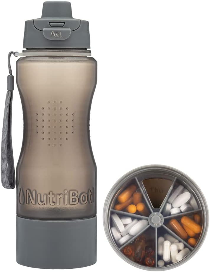 Tervisliku vee pudel Pill Korraldaja - 33oz Suur maht - Juhtum pillid Vitamiinid Toidulisandid Ravimi tabletid - Kaasaskantav 7-päevane Pillbox Travel Gym Office Outdoor - w/Easy Carry Strap