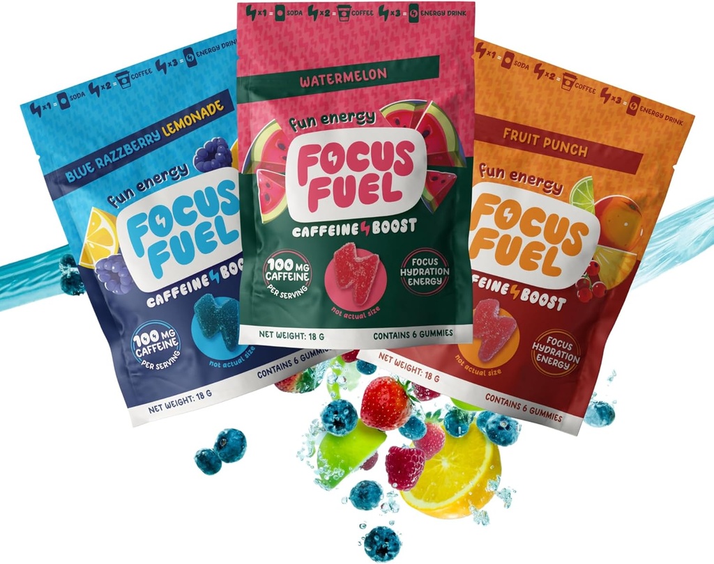 FocusFuel Energy Chews – Trial Size Variety Sample Pack (9 Serve) – 100mg Caffeina + Alpha GPC + L-teanina + B12, Magnesio – Blue Razzberry Lemonade, Watermelon, Fruit Punch – Nessun Crash o Jitters