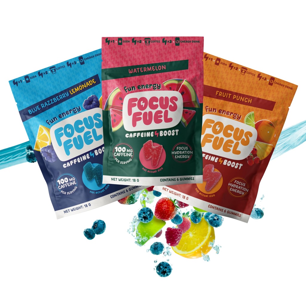 FocusFuel Energy Chews – Trial Size Variety Sample Pack (9 Servings) – 100mg Caffeine + Alpha GPC + L-Theanine + B12, Magnesium – Blue Razzberry Lemonade, Watermelon, Fruit Punch – No Crash or Jitters
