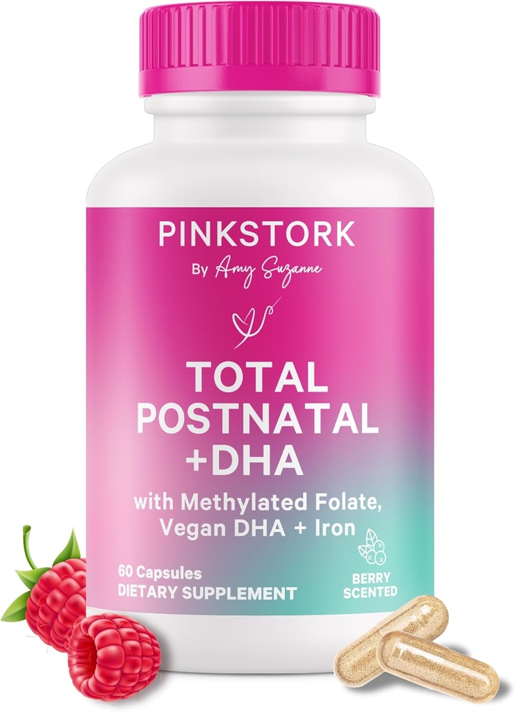 Rosa Stork Total Vitaminas postnatales para mulleres con Vegan DHA, ferro, Folato e vitamina B12, Postpartum Recovery Essentials, Suplemento diario para nais lactantes - 1 mes de subministración