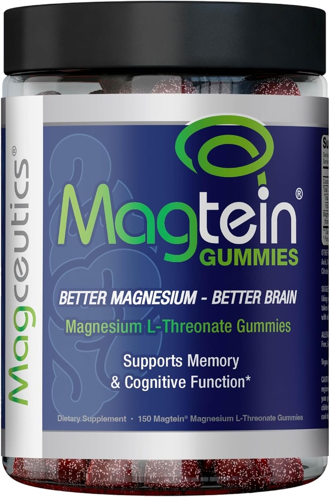 Magtein Gummies - Magnesio L-Threonate Gummy, Supporto per il cervello, Integratore di messa a fuoco, Memoria Boost & Funzione cognitiva - 150 Vegan Gummies