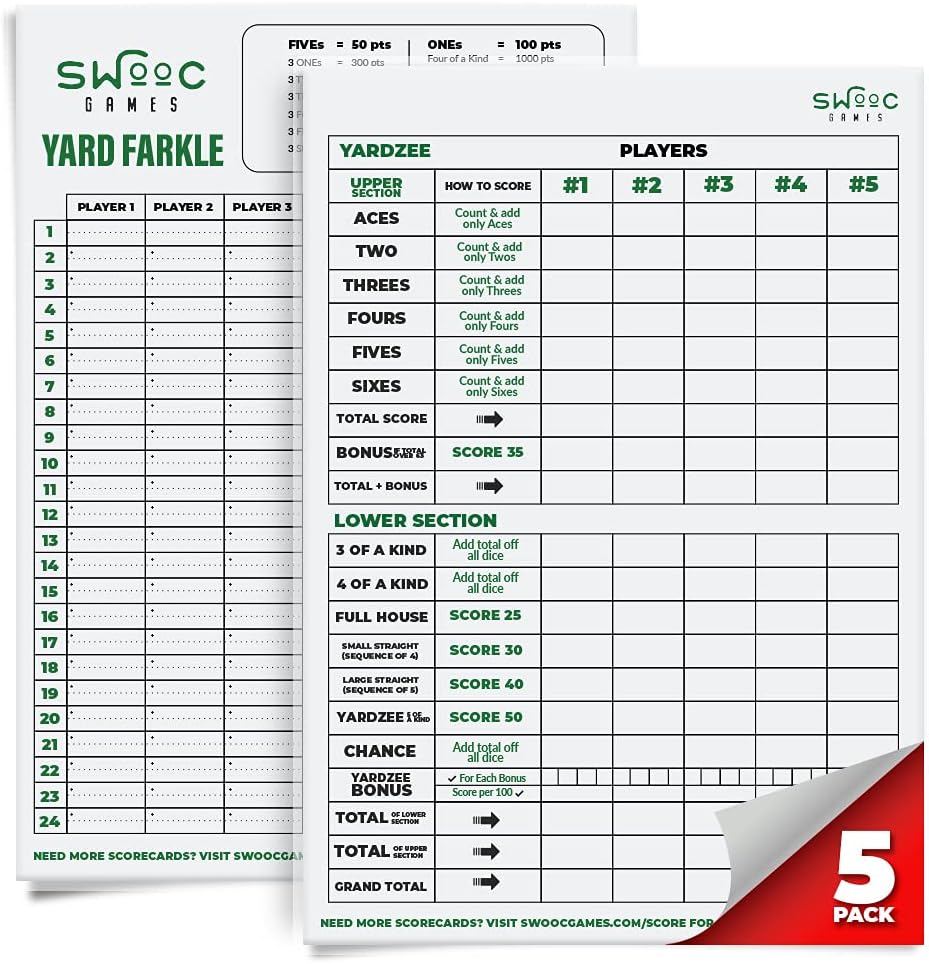 SWOOC Games ® - 5 Nagy Prémium laminált Yardzee & Farkle Score kártyák (11.5in x 8in) a szabályok - Nagy újrahasználható száraz törlési lapok óriás szabadtéri Dice