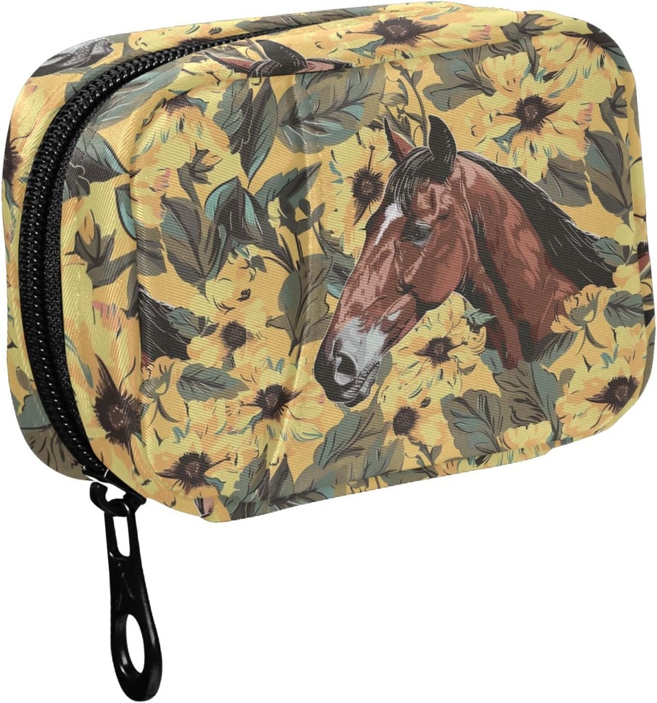 Fustylead Tirage à la main Cheval et fleurs jaunes Pilule de fuite Organisateur pour Purse, Pill Box portable hebdomadaire avec fermeture éclair pour stocker les vitamines Huiles de poisson Médicaments Suppléments