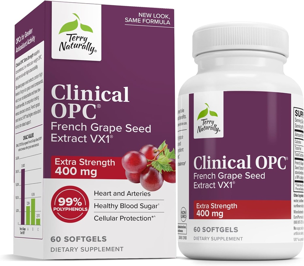 Terry Naturally OPC Extra Strength - Cardiovascular Health & Focus Support - Suplemento con extracto de sementes de uva - Suplemento de soporte inmune - 60 Softgels
