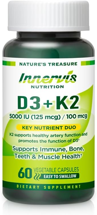 ויטמין D3 5000 IU + K2 MK-7 100mcg - Bone, Heart & Immune Support, Easy to Swallow, 60 קפסולות