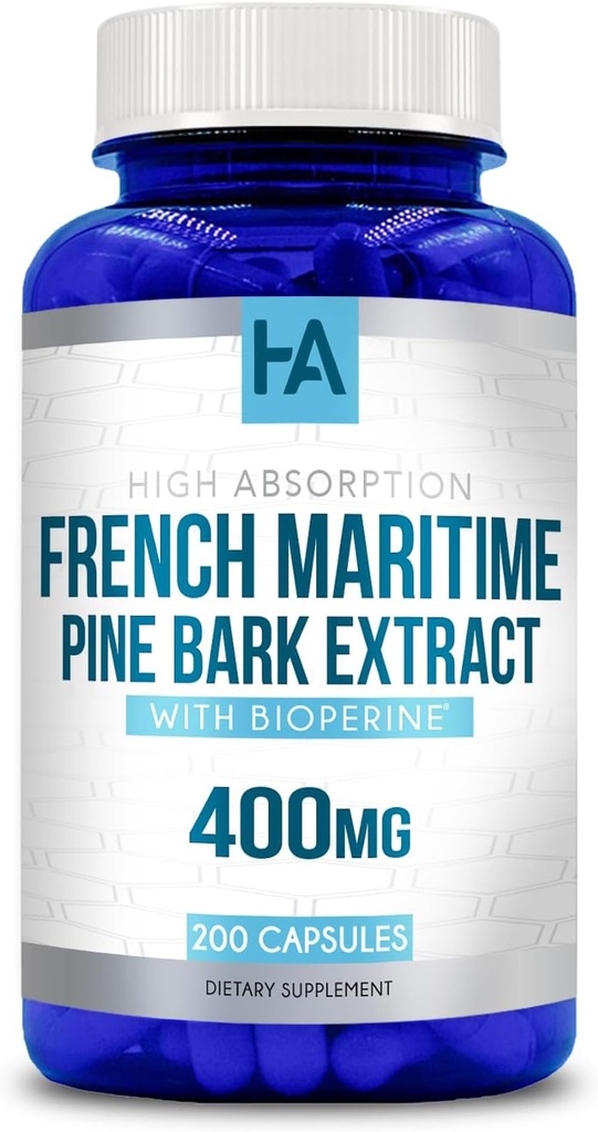 French Maritime Pine Bark Extract Capsules | Franska Pine Bark Extract Supplement med BioPerine för förbättrad absoprtion Standardiserad till 95% Proanthocyanidins | Vegan Non-GMO Soy Free (200 kapslar)