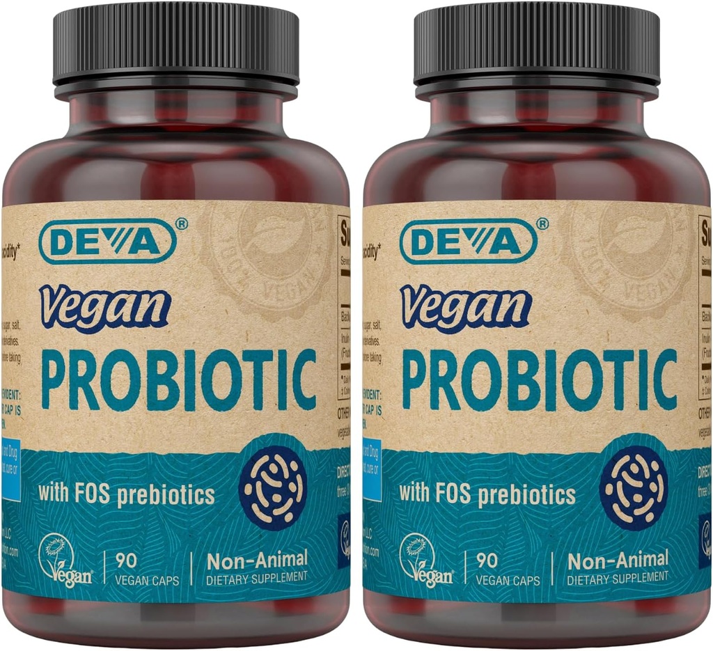 DEVA Vegan Probiotic cu supliment de prebiotice FOS - 2 miliarde CFU cu 100 MG de prebiotice per servire pentru bărbaţi şi femei - non-Dairy Gluten gratuit - natural de valabilitate stabil - 90 capsule (Pachet de 2)