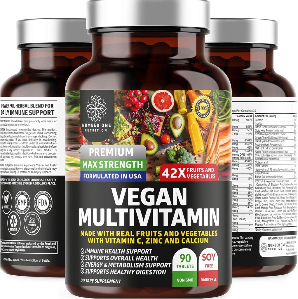 N1N Premium Plant Based Multiвитамини [42 Мощни съставки] Men & Women Daily Multiвитамини with Raw Veggies and Fruits, Probiotics, Alfalfa, Echinacea, Spirulina and Digestive Enzymes, 90 таблетки