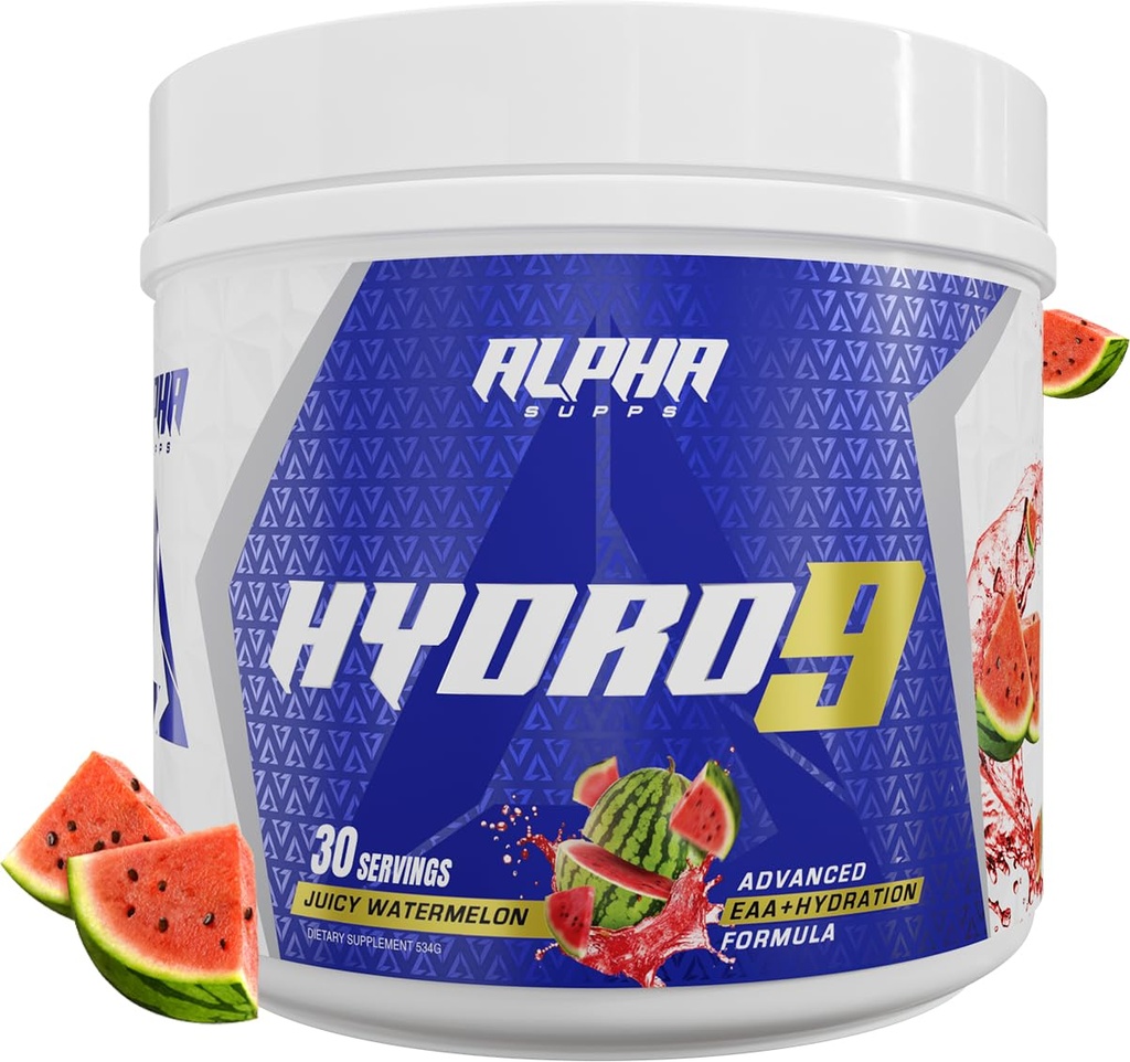 Alpha Supps Hydro 9 Aminos | EAA + Hydration Formula | Essential Amino Acids EAAs Powder with BCAAs & Electrolytes 30 Servings - Juicy Watermelon