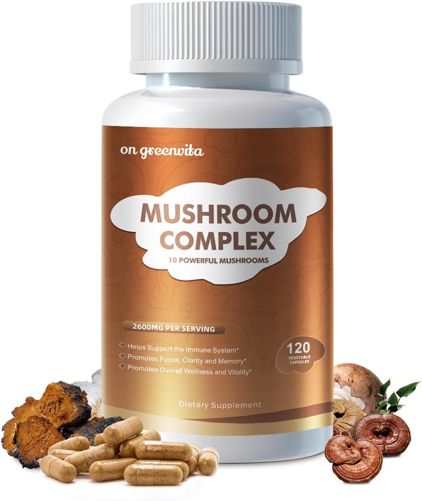 Mushroom Complex supplement 2600mg, 120 Capsules - 10 Mushrooms Blend - Reishi, Lions Mane, Cordyceps, Chaga, Turkey Tail, Maitake, Shiitake, Oyster Nootropic Complex - Brain, Energy, Focus Pills
