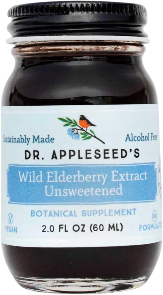 Dr. Appleseeds Wild Elderberry Extract Unsweetened Max Strength 720mg Kids + Adults Daily Immune Supplement Doctor- Formulerad Science-Backed Pure Vegan 25 Day Supply - 2 Fl Oz