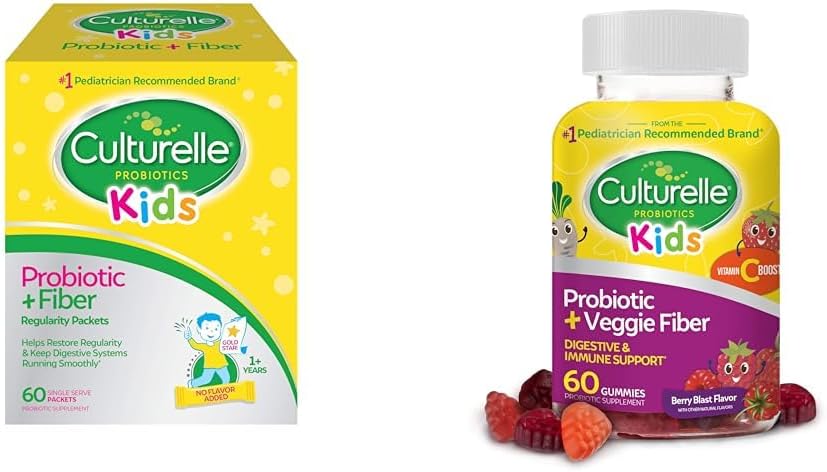 Culturelle Kids Probiótico + Pacotes de Fibra 60 Count & Daily Probiótico Gummies 60 Count - Digestive & Imune Health