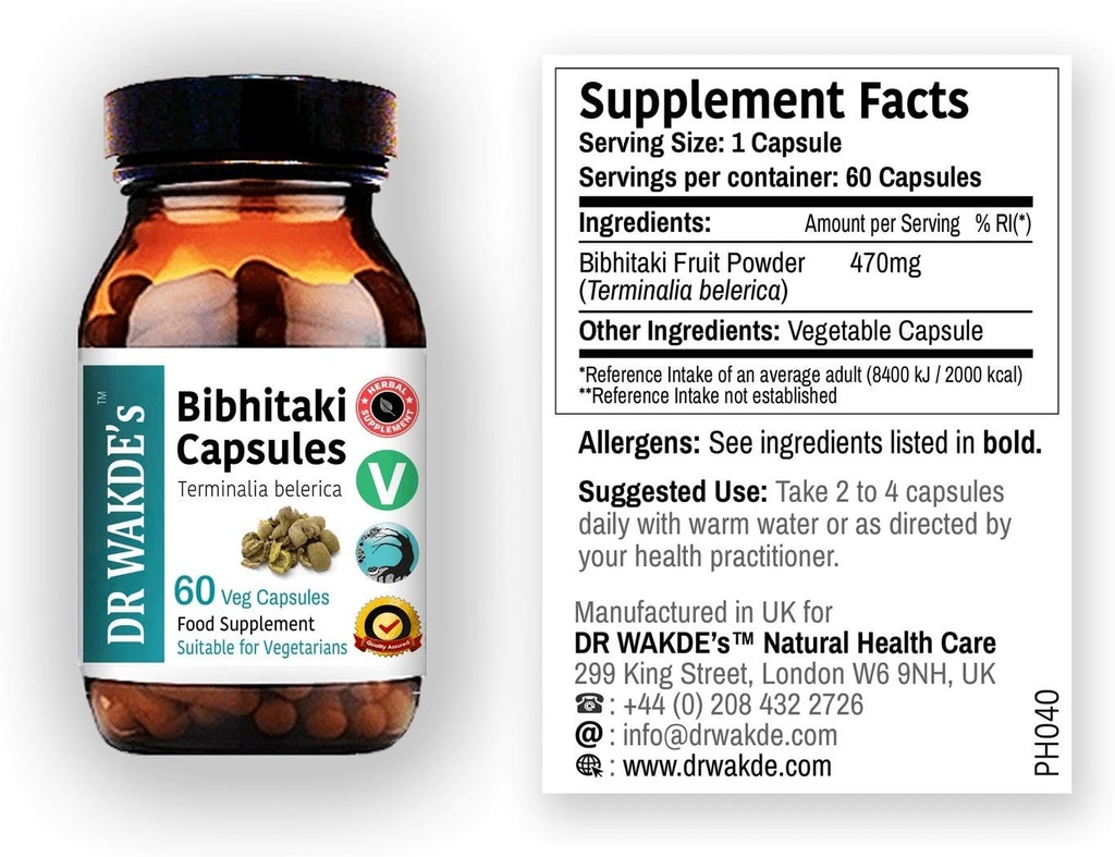 DR WAKDE'S Bibhitaki Capsules (Beheda, Terminalia belerica, 60 Veg Caps, Plant-Based Supplement, Ayurvedic Herb, All Natural, Vegan)