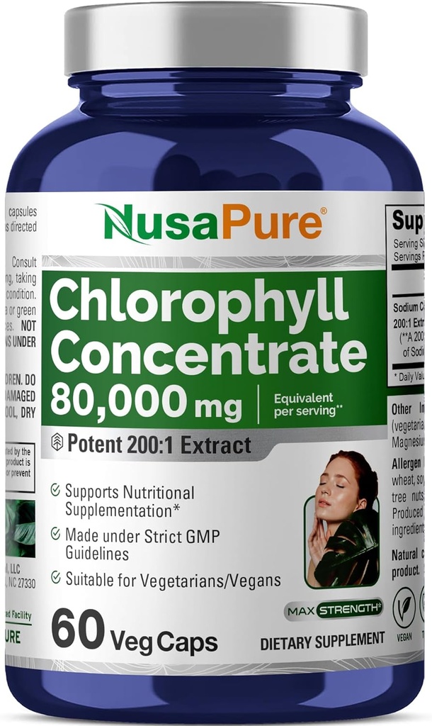 NusaPure chlorofilas 200: 1 Ištrauka, 400 mg Atitinka 80,000mg 60 Veggie Caps (ekvivalentas 80000mg vienam serving, Non- GMO, Vegan) Natrio vario chlorofilinas