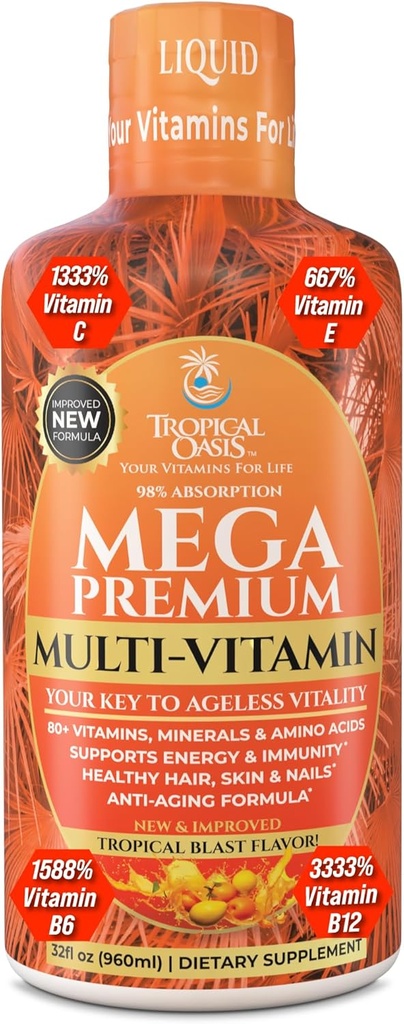 Mega Premium Líquido Multivitamínico Suporte Imune Natural Vitamina w/ 1333% Vitamina C, 200% D3, Zinco + 20 Vitaminas, 70 Minerais, & 21 Aminoácidos .