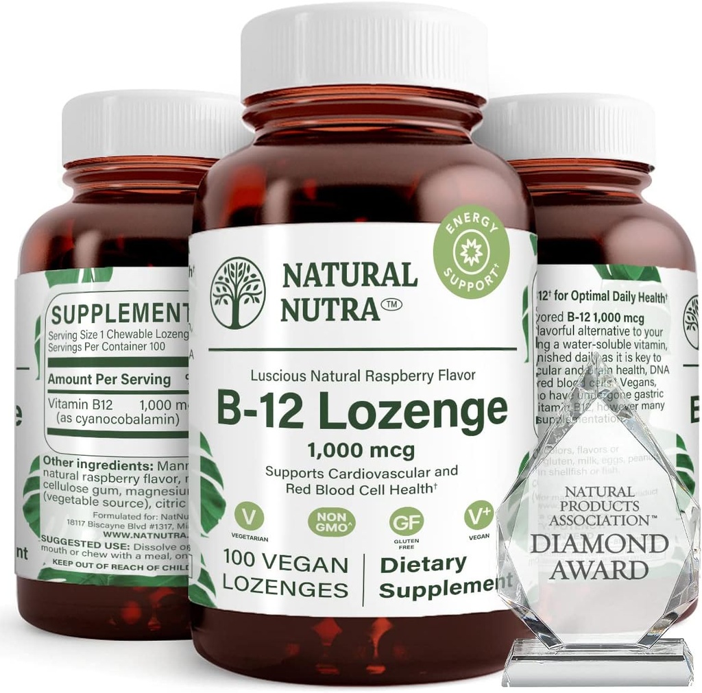 Natural Nutra Vitamin B12 Supplement, hjälper till att öka energinivåer, väsentliga för hälsosamt nervsystem, hjälper till att förbättra humör och mental hälsa, stöder kardiovaskulärt system, 100 Lozenges